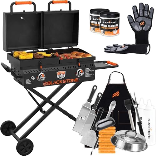 17 Inch Blackstone Grill and Griddle Tailgater On the Go Combo with Wheels, Legs and Hood Outdoor Flat Top Portable Gas Grill with Blackstone Accessories, Seasoning, and Wholesalehome Gloves and Cloth