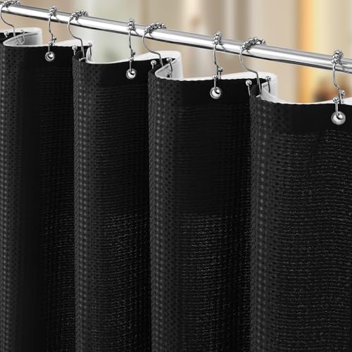 3 in 1 Shower Curtain Set, Waffle Shower Curtain and Liner Set with 12 Double Sided Shower Curtain Hooks, 258GSM Luxury Weighted Cloth Shower Curtains for Bathroom, 72 W x 72 H, Black