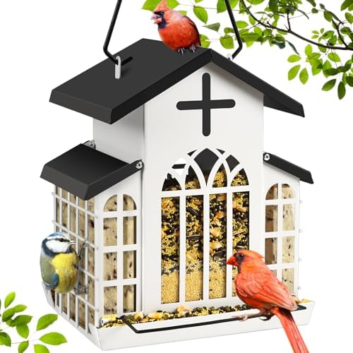 5LB Church Metal Hanging Bird Feeder for Outdoors, Weatherproof Suet Feeders for Outside Hanging, Large Bird Feeders Great for Attracting Finch, Woodpecker and More Wild Birds-White