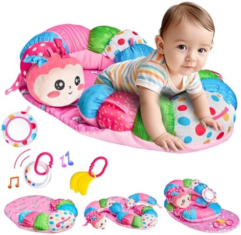 3-in-1 Caterpillar Tummy Time Pillow for Baby 0-6 Months, Detachable Tummy Time Playmat for Newborns, Sensory Toys for Babies 0 3 6 Months, Non-Slip Baby Support Seated Pillow, Gifts for Infant Girls