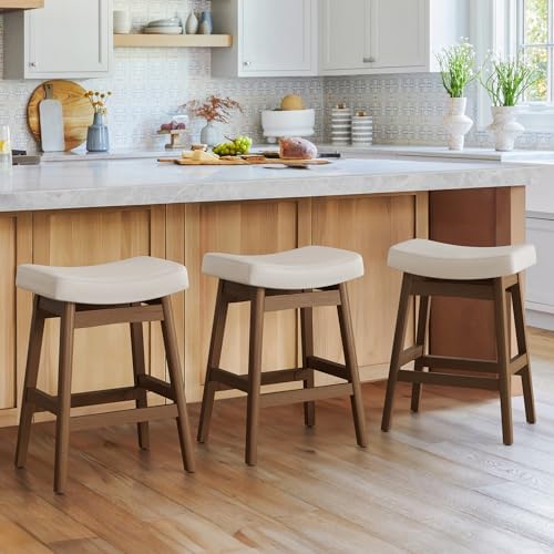 Bar Stools Set of 3, Barstools with Sturdy Wood Legs, Saddle Seat Counter Height Bar Stools for Kitchen Counter, Bar, Dining, 24 Inch Farmhouse Counter Stools, Antique White Leather