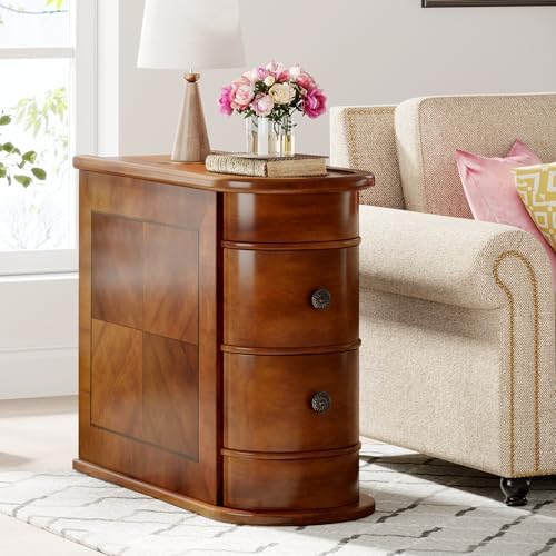 Wood End Table with 2 Drawers, No Assembly Required Narrow Sofa Side Table for Living Room, Vintage Slim Nightstand Bedside Table for Bedroom, Finished Back (2 Drawers, 1Pc)