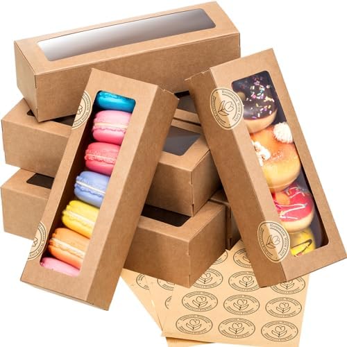 Sherr 100 Pcs Brown Macaron Boxes with Window Bakery Boxes with 200 Pcs Stickers Long Rectangle Treat Containers for Cookies, Donuts, Pastry, Cookies, Chocolate Covered Strawberry