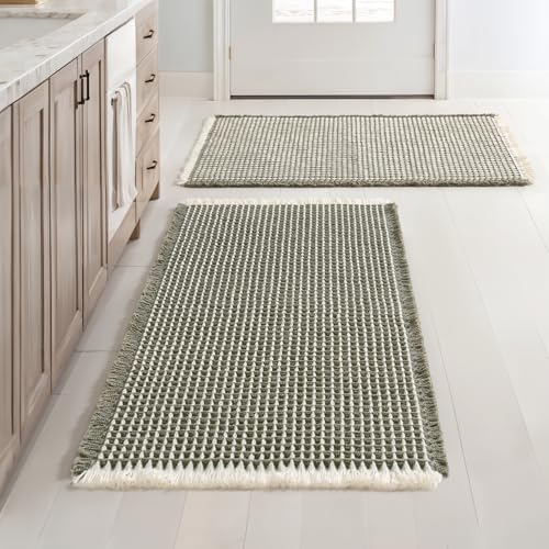 MIULEE Set of 2 Waffle Bathroom Rugs, Boho Bath Rugs Non Slip Washable, Super Absorbent Bath Mats, Ultra Soft Rubber Backed Shower Mats for Bathroom Floor, Tub, Green & Cream, 18x30 Inch