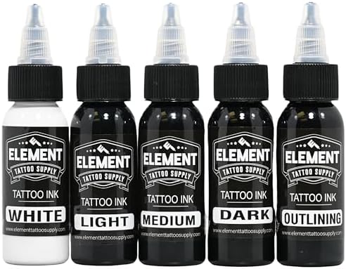 Greywash Tattoo Ink Set - Professional Tattooing, Light, Medium & Dark Shades, Includes Black & White Solid Inks for Outlining, Shading & Blending, 1 oz Bottle (5 Pack)