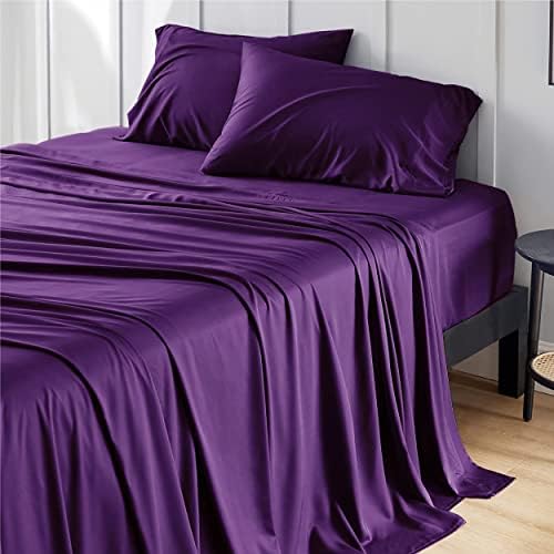 Bedsure Queen Sheet Set, Cooling Sheets for Queen Size Bed Set, Rayon Derived from Bamboo, Breathable & Soft Deep Pocket Up to 16 Inches, Hotel Luxury Silky Bedding, Bedsheet & Pillowcases, Plum