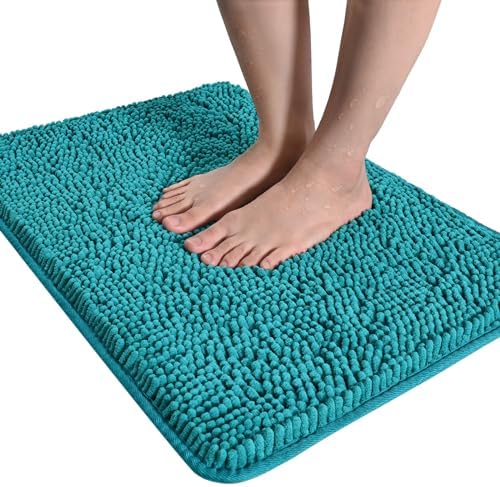 LOCHAS Luxury Bathroom Rug Shaggy Bath Mat 24 x 36 Inch, Washable Non Slip Bath Rugs for Bathroom Shower, Soft Plush Chenille Absorbent Carpets Mats, Teal Blue