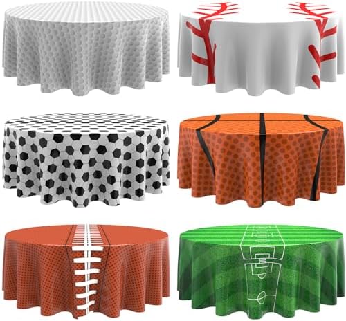 Oudain 6 Pcs Sports Round Tablecloths 84 Inches Sports Party Decors Plastic Football Baseball Basketball Table Covers Golf Soccer Field Disposable Table Cloth for Birthday Party Supplies Decors Favors