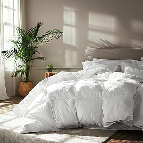 Serta Goose Feather Down Fiber Cotton Comforter Queen Size - 100% Cotton Duvet Insert - Hotel Luxury Hypoallergenic Bedding Comforter All Season Medium Warmth 90 x 90 Inch White