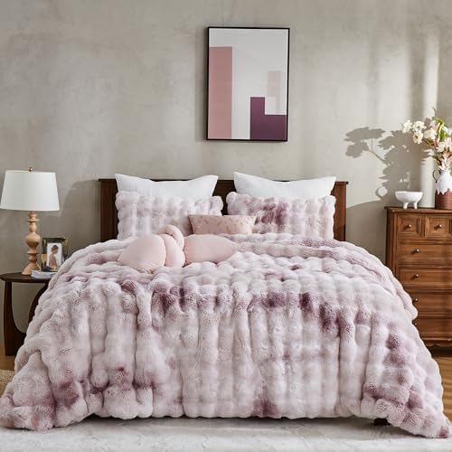 Wonderful 3 Pieces Fluffy Faux Rabbit Fur Bubble Comforter Set King Size, Tie-Dyeing Pink Purple Plush Fuzzy Bedding Set, Warm Soft Bubble Comforter Bedding Set for Winter
