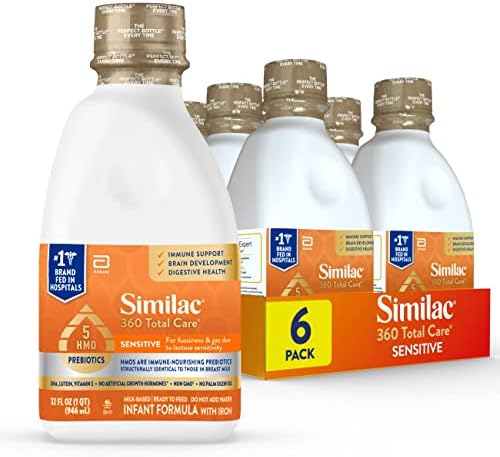 Similac 360 Total Care Sensitive Infant Formula for Fussiness & Gas Due to Lactose Sensitivity, Has 5 HMO Prebiotics, Non-GMO, Baby Formula, Ready to Feed, 32-fl-oz Bottle, Pack of 6