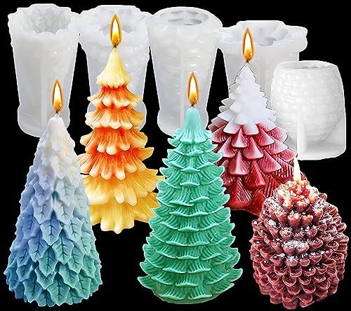 5Pcs Christmas Silicone Molds, 4Pcs Christmas Tree and Pine Cone Silicone Candle Molds, Xmas Theme Shaped Mould for DIY Wax Candle Soap Art Craft Cake Chocolate Home Decor