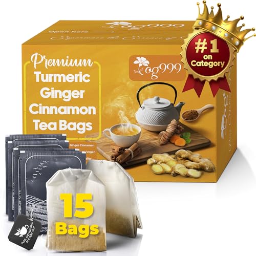 TOG999, Premium 15 Tea Bags Turmeric, Ginger, Cinnamon, 100% Natural, Hand-made Blend of Turmeric, Ginger, and Cinnamon Herbal Tea. Eco-conscious Tea Bags. No Sugar, No Caffeine, No Gluten, Vegan.
