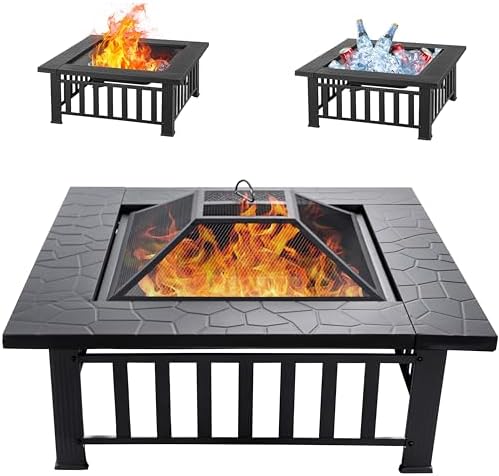 32 inch Fire Pit, Square Outdoor Fire Pit Table with Spark Screen & Fire Poker, 3-in-1 Multipurpose Firepits for Outside, Fireplace for Yard, Garden, Patio