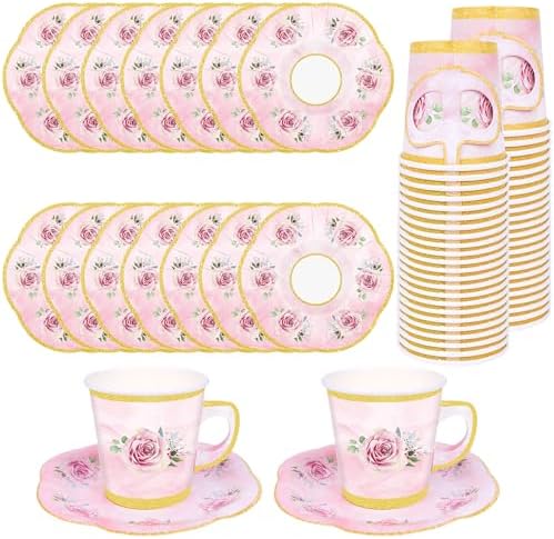 50 Pcs Paper Tea Cups and Plates Pink Floral Disposable Paper Teacups and Saucer Sets with Gold Rim Decorations for Hot Cold Drinks for Wedding Birthday Baby Shower Tea Party, Serve 25