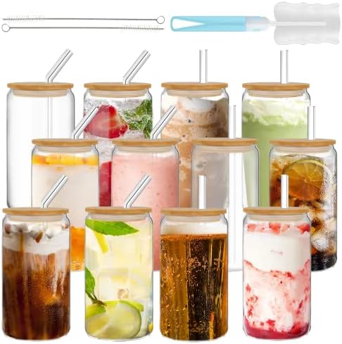 Drinking Glasses with Bamboo Lids and Straw 12 pcs,16oz Glass Cups with Lids and Straws,Iced Coffee Glasses,Cute Glass Tumblers for Soda,Coffee,Gifts