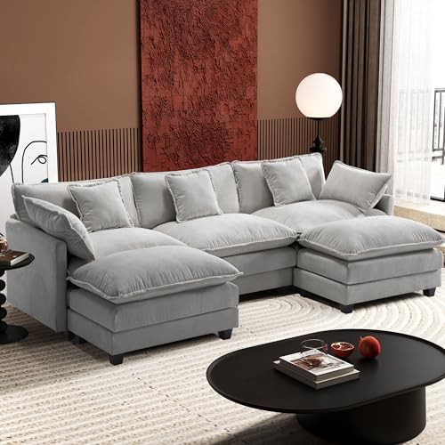 Ihanherry 111.4" U Shaped Modern Cloud Sofa Modular Sectional Couch with 2 Ottoman, 5-Seat Chenille Deep Seat Sofa with Pillow for Living Room, Bedroom and Apartment, Grey