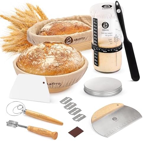 Sourdough Starter Kit - A Complete Sourdough Bread Starter Kit with 10" Round, 11" Oval Proofing Baskets, 24oz Glass Jar, Bread Lame, Danish Whisk, Dough & Bowl Scraper - Sour Dough Starter Kit