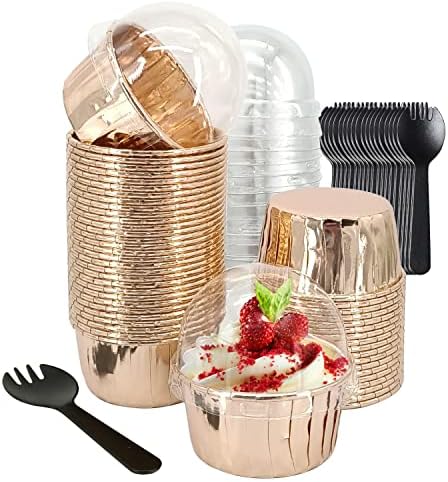 5oz Baking Cups with Lids 50 Pack,LNYZQUS Foil Cupcake Liners Muffin Tins,Disposable Ramekins Pans Muffin Cups Jumbo Cupcake Wrappers Holders for Wedding Party-Champagne