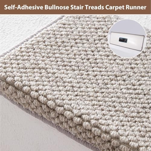 Bullnose Carpet Wool Stair Treads Non-Slip for Wooden Steps Indoor, Self-Adhesive Stair Protectors Soft Comfortable Carpet Runner,Pet Friendly Stair Rugs Covers Mats Staircase Step Covers,Washable(Gra