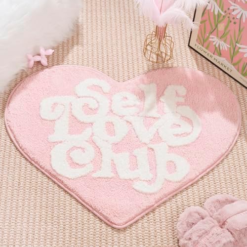 ELDONE Self Love Club Rug Heart Shaped - Cute Bath Mat Non Slip, Funky Aesthetic Groovy Small Accent Rugs for Bedroom Bathroom, Girls Preppy Room Decor, Pink and White Heart Rug 28"x23"