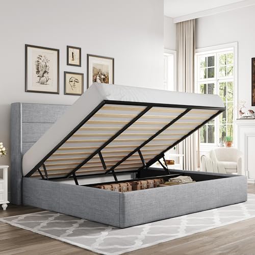 Allewie King Size Lift Up Storage Bed, Modern Wingback Headboard, Hydraulic Support, No Box Spring Needed, Light Grey