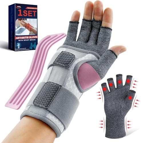 FEATOL Compression Arthritis Glove with Wrist Brace, Comfortable Fingerless Carpal Tunnel Hand Gloves for Women Night Support, Pain Relief for Rheumatoid Arthritis, Work, Typing - Right Hand, Small