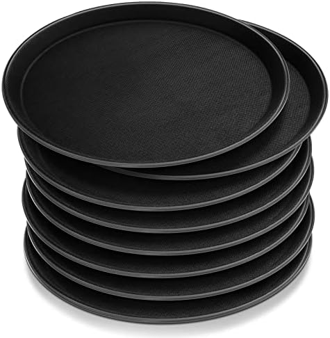 Zopeal 8 Pieces Black Round Restaurant Serving Tray, Plastic Non Slip Surface Food Meals Server Tray with Raised Edges for Home, Kitchen, Restaurant, Cafeteria, Bar (11",Black)