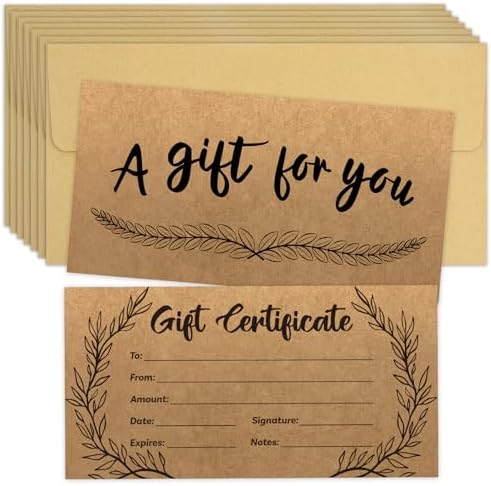 48 Pcs Blank Gift Certificates Kraft Certificate Cards with 48 Pcs Envelopes for Business Salon Restaurants Spa Christmas Birthday, 3.5 x 7