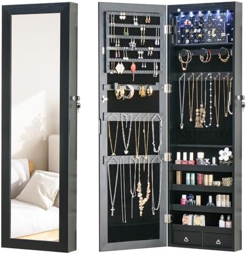 8 LED Lights Jewelry Armoire with Mirror - 47.3” H Mirror Jewelry Cabinet Door Hanging/Wall Mounted Mirror with Storage And 2 Drawers Black
