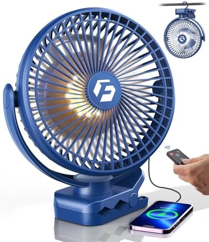 8-inch Clip-on Fan - 12000mAh Portable Rechargeable Battery, 3 Speeds, Strong Airflow, USB, Small Desk, Personal Quiet for Office, Stroller, Bedroom and Camping