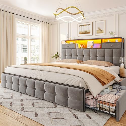 EnHomee King Size Bed Frame with 6 Storage Drawers and Upholstered Headboard,King Bed Frame with LED Lights and Charging Station,no Box Spring Needed,No Noise, Easy Assembly,Velvet,Sturdy,Soft,Grey