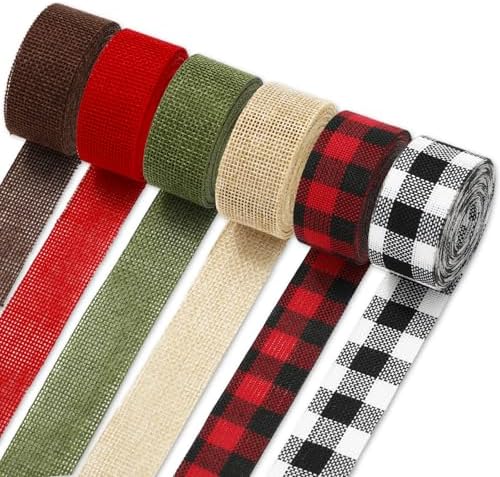 6 Rolls 36 Yard Christmas Plaid Burlap Ribbon Rolls 1 Inch Gift Wrapping Ribbon Winter Xmas Decorative Ribbon for DIY Crafts Wreath Bow Making Supplies