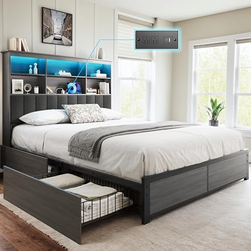 HISOFT Full Bed Frame with Storage Headboard, Wood Bed with High Storage Bookcase, 4 Drawers & LED & Charging Station,No Box Spring Needed/Noise Free/All-Metal Support, Rustic Grey