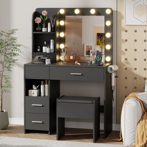 Vanity Desk with LED Lighted Mirror&Power Outlet, 3 Lighting Colors Makeup Vanity Desk with 5 Large Drawers and 3 Storage Shelves, Black Vanity with Storage Stool for Bedroom