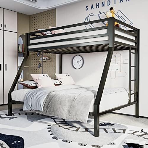 ikalido Metal Loft Bunk Bed Twin Over Full Size with Safety Guardrail and Ladder, No Box Spring Needed Space Saving Bedroom Furniture, Matte Black
