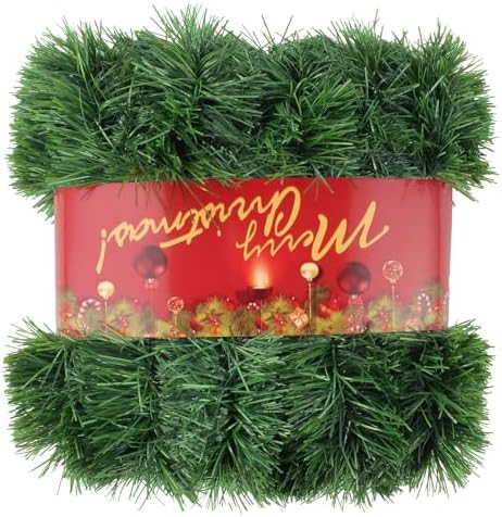 50FT Green Christmas Garland Decorations, Christmas Artificial Pine Greenery Garland Outdoor Indoor Decor, Straight Faux PVC Soft Garland for Stairs Railing Fireplace Window Mantle Home Party Decor