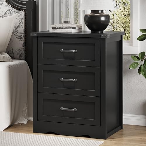 Nightstand with 3 Drawers, 24" Wide Farmhouse Bedside End Table, Rustic Wood Side Table Night Stand with Mental Handle, Tall Modern Small Dresser Chest of Drawers for Bedroom, Living Room, Dorm, Black