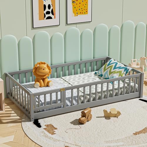 i-POOK Twin Floor Bed for Children, Sturdy Wood Montessori Bed Frame with Wood Slats, Fence & Door, Montessori Floor Bed for Girls and Boys, Gray