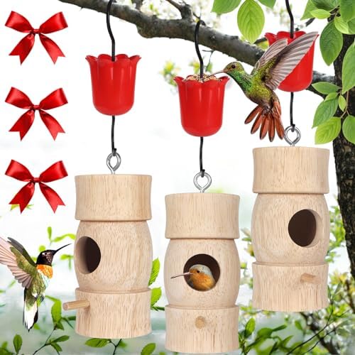 Hummingbird House,Wooden Hummingbird Houses for Outside for Nesting, Hummingbird Houses with Red Feeder Ribbons Gardening Gifts Home Decoration,3 Pack Cylindrical Style