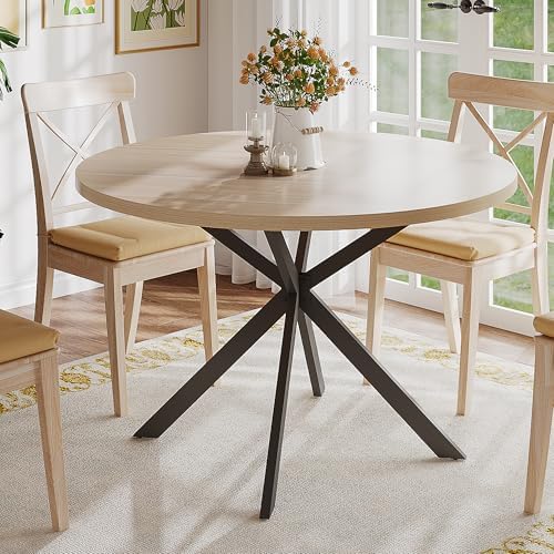 ChooChoo 47.2 Inch Round Dining Table for 4, Farmhouse Wood Kitchen Table, Circle Dinner Table for Kitchen & Dining Room, Natural Oak