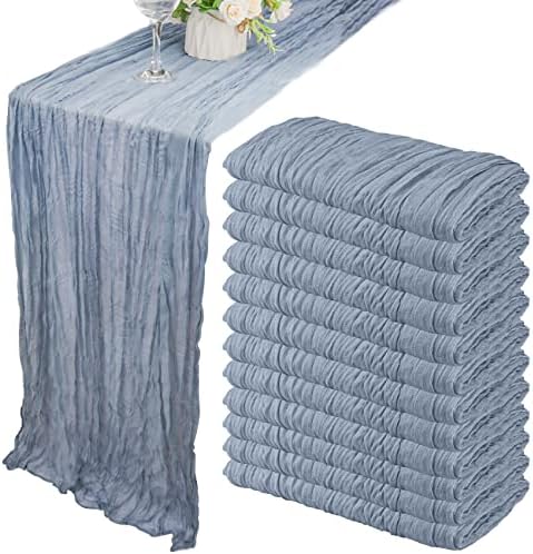 12 Pack 10Ft Cheesecloth Table Runner 35x120 Inch Boho Gauze Table Runner Rustic Cheese Cloth Long Table Runner Romantic Table Runner for Wedding Bridal Shower Birthday Party Table Decor (Dusty Blue)