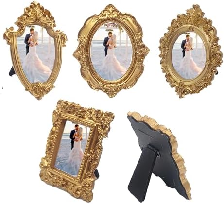 5 Pcs Mini Gold Frames - Small Gold Vintage Flower Oval Rectangle Baroque Frames Table Top Frame for Christmas Holiday Party Decor