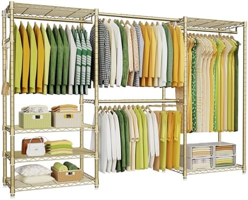 Ulif E1 Heavy Duty Closet Garment Rack, 6 Tiers Adjustable Metal Freestanding Expandable Clothing Storage with 4 Hanger Rods, Easy to Assemble Wardrobe, 71.4" H x (70" - 88.2") L x 14" D, Gold