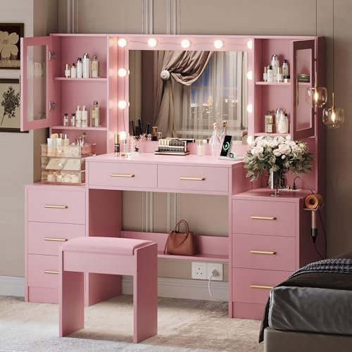 58.3" Makeup Vanity Desk with Charging Station, Pink Makeup Dressing Table with Mirror & Lights, 3 Lighting Modes Adjustable Brightness, Vanity Table with Power Outlet & 8 Drawers without Stool