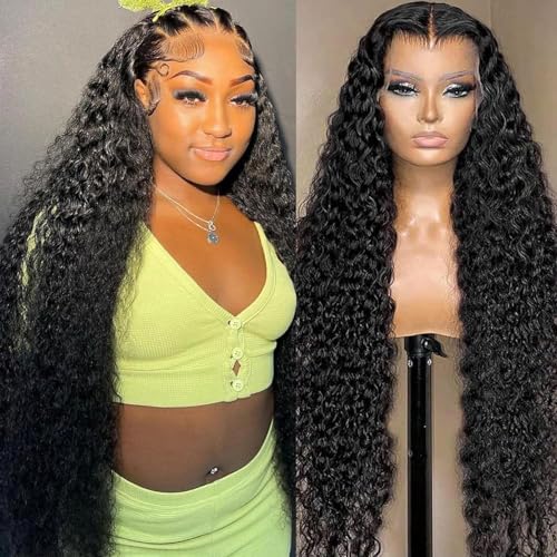 34 Inch 13x6 HD Transparent Lace Front Wigs Human Hair 200% Density Deep Wave Lace Frontal Wigs Human Hair Wet and Wave Wigs for Women Pre Plucked Deep Curly Lace Front Wig Human Hair with Baby Hair