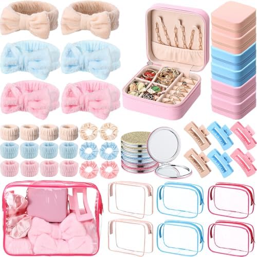48 Pcs Spa Party Favors for Girls Pink Sleepover Party Supplies Bow Headband Wristband Scrunchies Hair Clip Jewelry Case Makeup Bag Mirror for Women Bridesmaid Return Gifts (Multicolor)