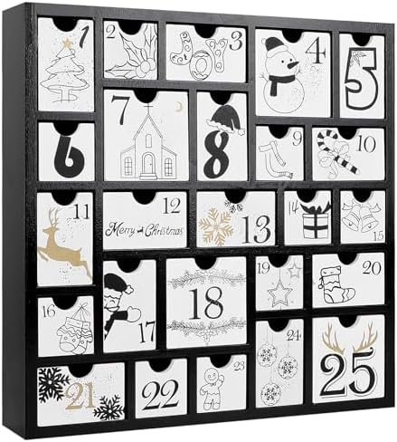 CCINEE Christmas Wooden Advent Calendar with 25 Large Drawers, Countdown to Christmas Decoration Large Size Xmas Countdown Calendar 2024 Hand Painted Refillable Advent for Holiday Decoration(Black)
