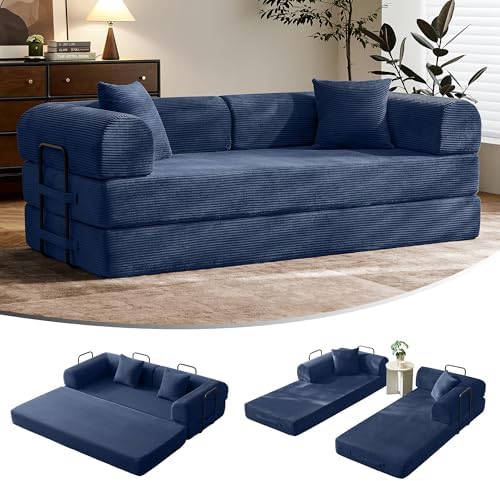 79" Convertible Sofa Bed with Fixed-Shape Frame & Removable Armrests, Modular Corduroy Sleeper Sofa, Folding Mattress Couch for Small Spaces - No Assembly Needed in Navy Blue (Includes 2 Pillows)