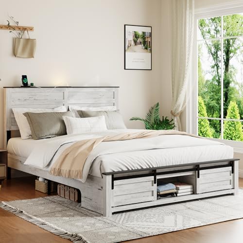 Wooden Queen Size Bed Frame with Headboard, Boho White Farmhouse Storage Bedframe with Sliding Barn Door Footboard and Charging Station, Solid Wood Slats, No Box Spring Needed